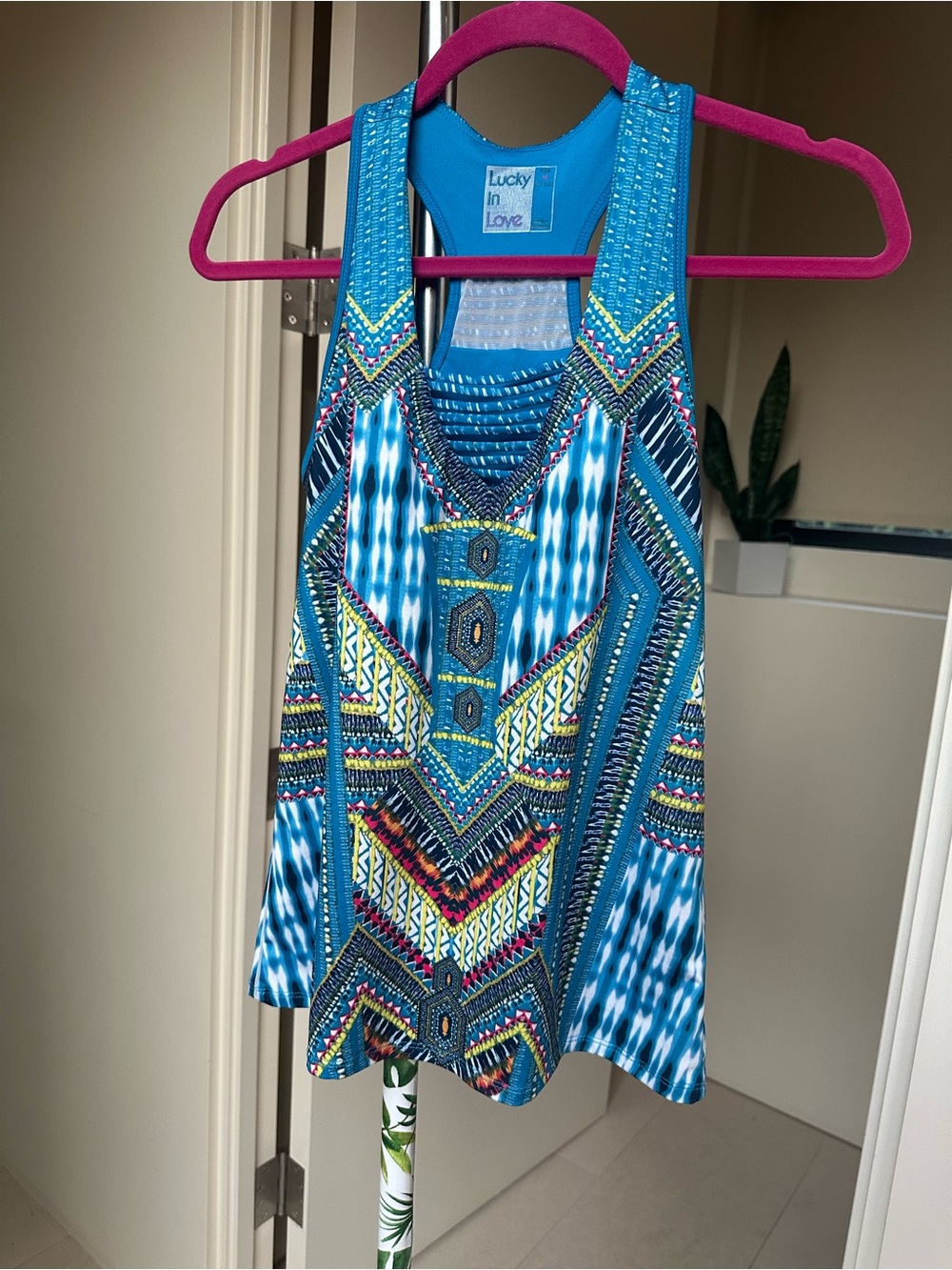 Medium Lucky in Love Turquoise Multicolor Printed Racerback Tank